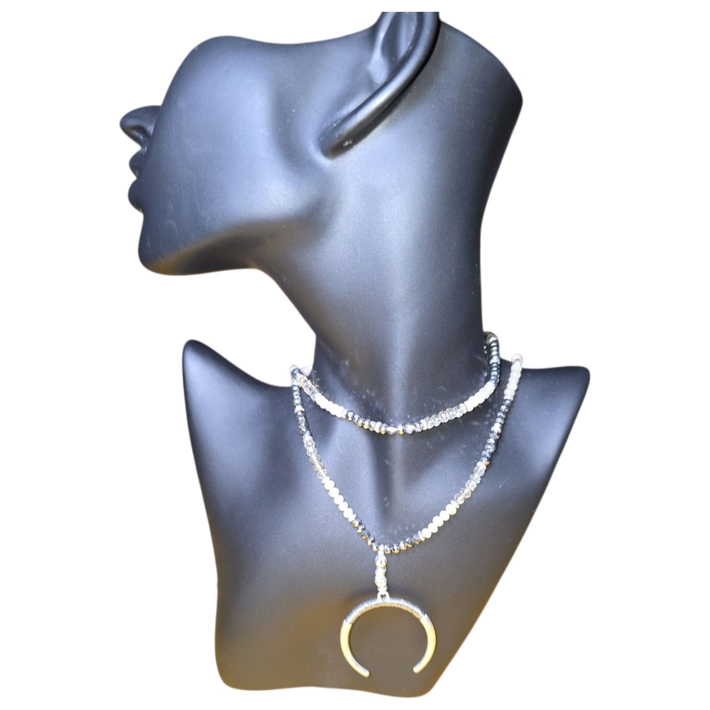 Marilyn‎ Schiff Silver Crescent Pendant Beaded Necklace